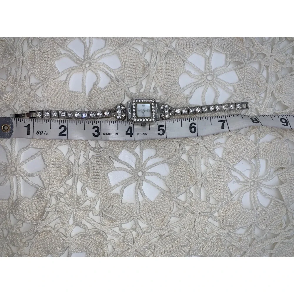 Vintage Silver Tone Crystal Square Face Cocktail Watch Japan Movt Art Deco Style